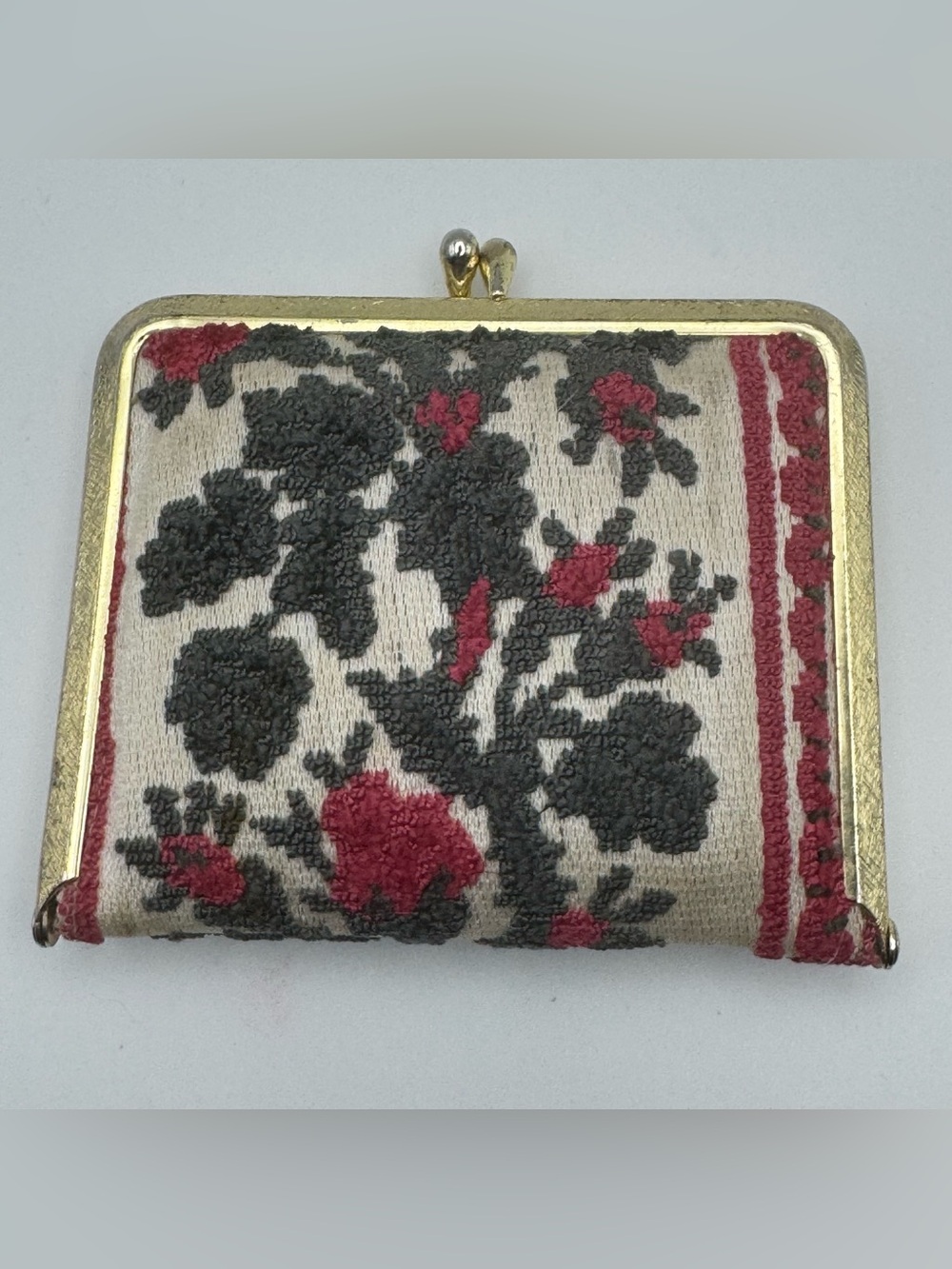 Vintage Floral Compact Mirror Gold Tone Needlepoint Style Vanity Purse Mirror